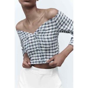 New!! ZARA Tweed Off the Shoulder Crop Top